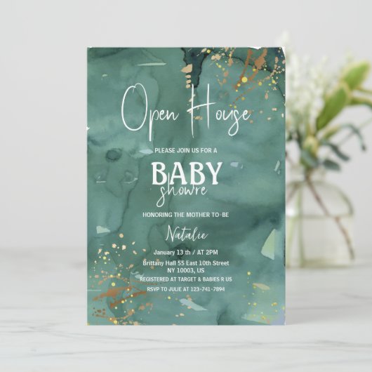 Elegant open huis baby shower kaart (Staand voorkant)