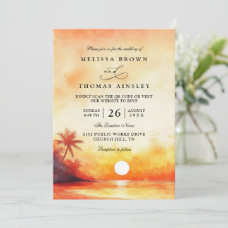 Elegant Orange Beach Sunset QR Code Wedding Kaart