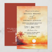 Elegant Orange Beach Sunset QR Code Wedding Kaart (Voorkant / Achterkant)