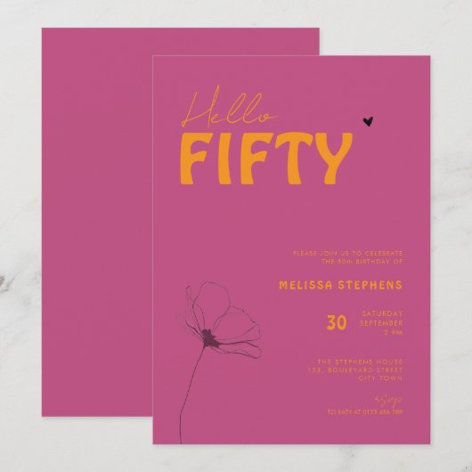 Elegant Orange Pink Hello Fifty 50th Birthday Kaart (Voorkant / Achterkant)