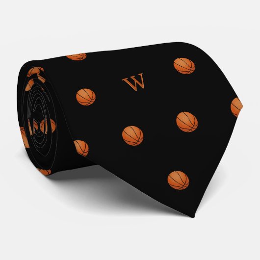 Elegant Oranje Basketbal Monogram Eerste Letter Zw Stropdas (Opgerold)
