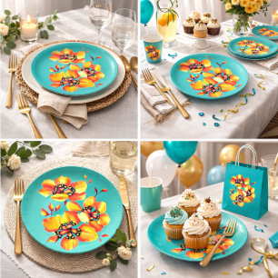Elegant Oranje bloemen - Aqua - Pas uw eigen bloem Papieren Bordje