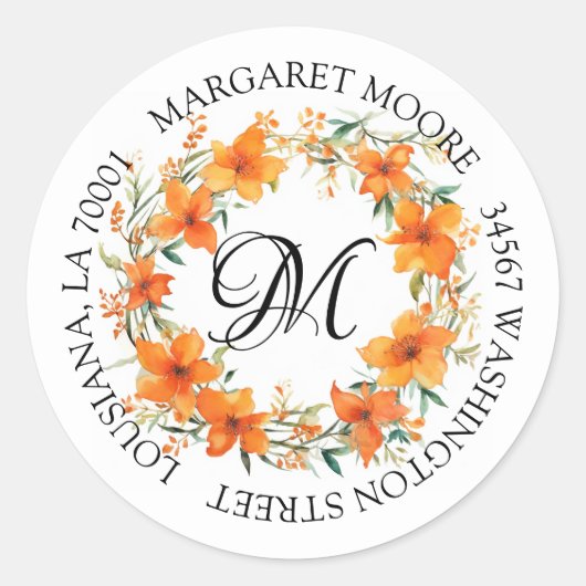 Elegant Oranje bloemenscript monogram adres Ronde Sticker (Voorkant)