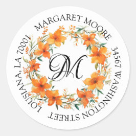 Elegant Oranje bloemenscript monogram adres Ronde Sticker