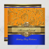 Elegant Oranje Blue Damask Birthday Party Kaart (Voorkant / Achterkant)