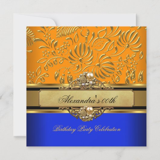 Elegant Oranje Blue Damask Birthday Party Kaart (Voorkant)