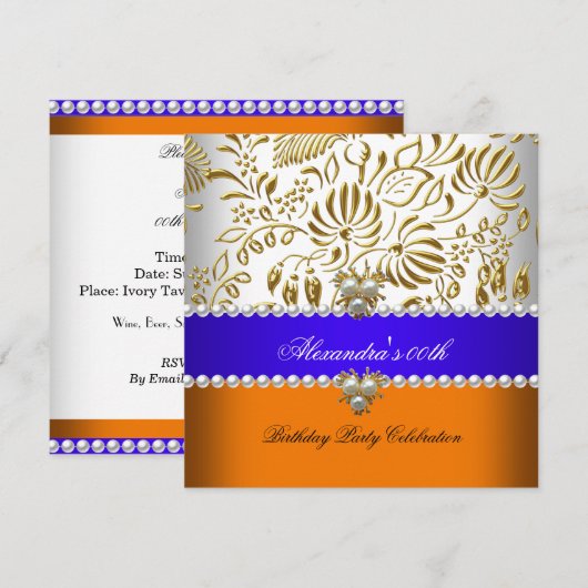 Elegant Oranje Blue Damask Pearl Party Kaart (Voorkant / Achterkant)