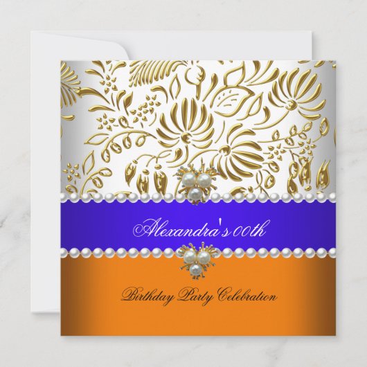 Elegant Oranje Blue Damask Pearl Party Kaart (Voorkant)
