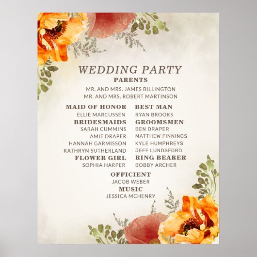 Elegant Oranje-Bruin Bloem Bruiloftsprogramma Poster (Voorkant)