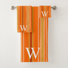Elegant oranje & bruine strepenpatroon monogram bad handdoek