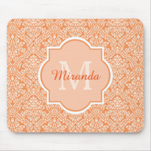 Elegant Oranje Damask Pattern Monogram en naam Muismat
