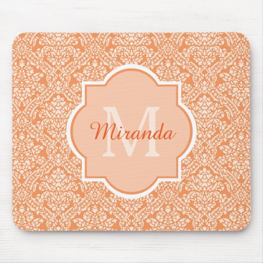 Elegant Oranje Damask Pattern Monogram en naam Muismat (Voorkant)