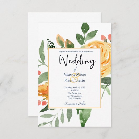 Elegant Oranje floral bruiloft uitnodiging (Voorkant / Achterkant)