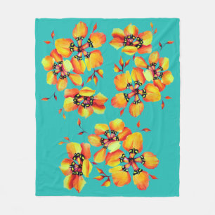 Elegant Oranje Flowers - Aqua Fleece Deken