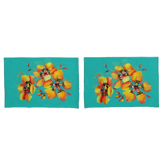 Elegant Oranje Flowers - Aqua Kussensloop (Voorkant-Set)