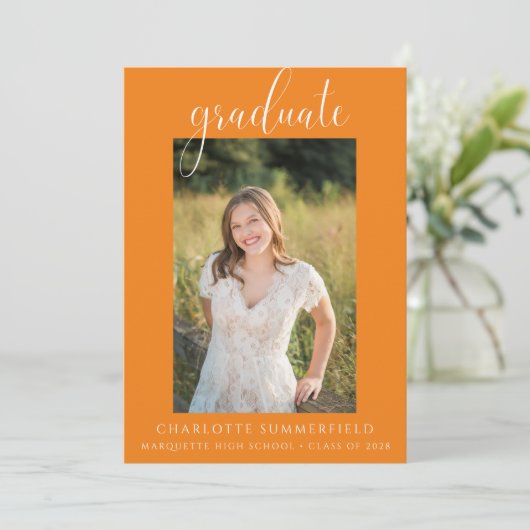 Elegant Oranje Graduation Party Photo Invitation Kaart (Staand voorkant)