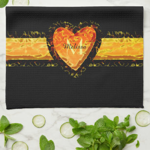 Elegant Oranje Hart Valentijnsdag Zwarte Monogram Theedoek