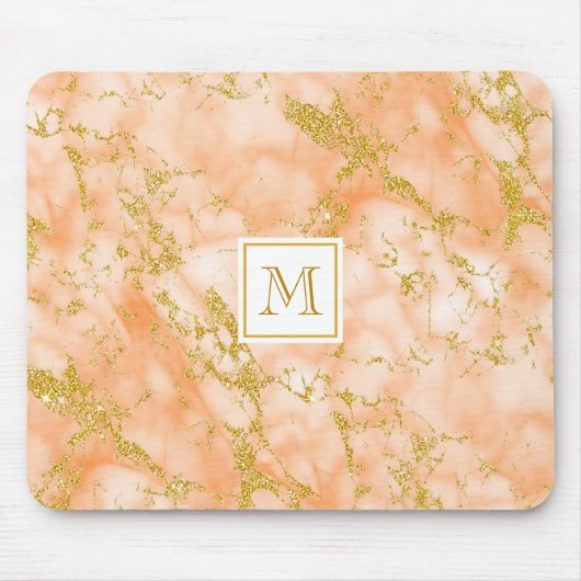 Elegant Oranje marble Monogram Faux Gold Glitter Muismat (Voorkant)