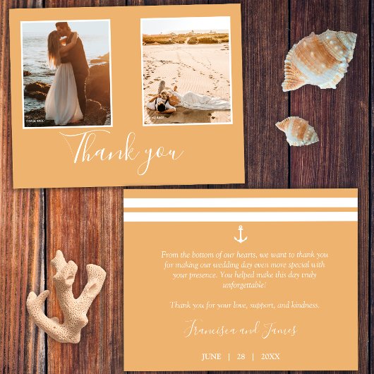 Elegant Oranje Nautical Anchor Wedding Photo Bedankkaart