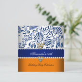 Elegant Oranje Navy Blue Damask Pearl Party 2 Kaart (Staand voorkant)
