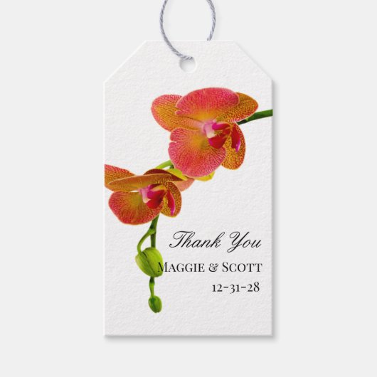 Elegant Oranje orchideeën Tropisch strand Weddensc Cadeaulabel (Voorkant)