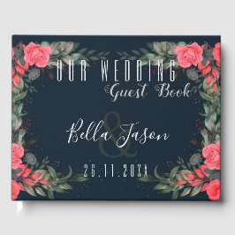 Elegant Oranje Peach Grey Floral Script Weddenscha Gastenboek