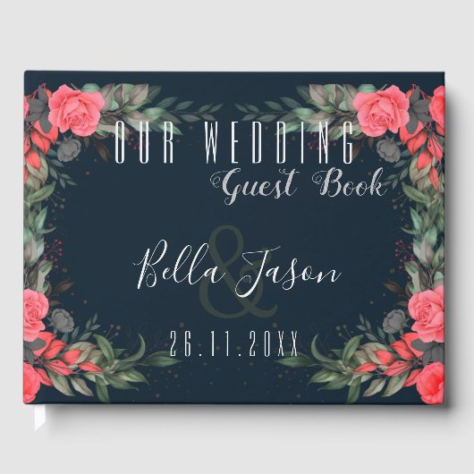 Elegant Oranje Peach Grey Floral Script Weddenscha Gastenboek (Voorkant)