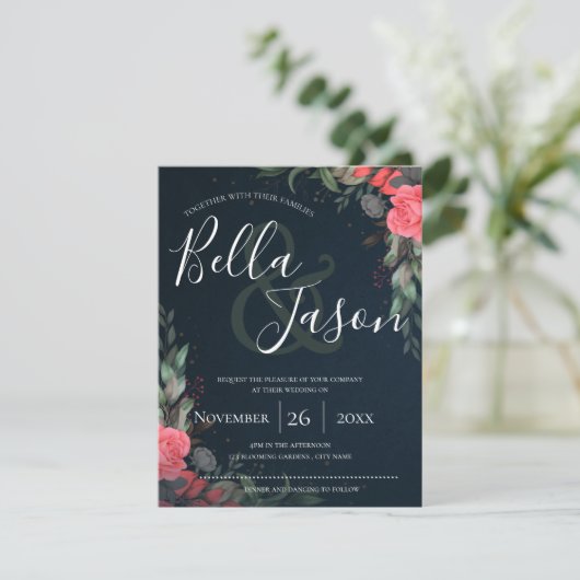 Elegant Oranje Peach Grey Floral Script Weddenscha Kaart (Staand voorkant)