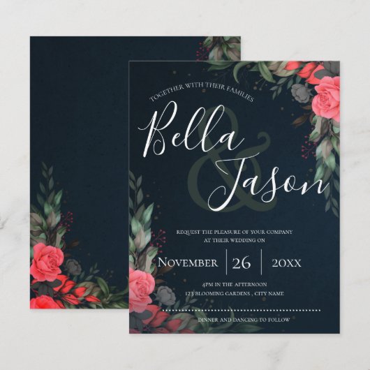 Elegant Oranje Peach Grey Floral Script Weddenscha Kaart (Voorkant / Achterkant)