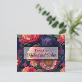 Elegant oranje rood paarse bloemen elegant script bedankkaart (Staand voorkant)