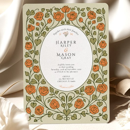 Elegant Oranje Roos en Green Heart Wedding Kaart
