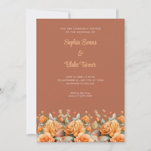 Elegant Oranje Roos Garden Brown Wedding Kaart (Voorkant)