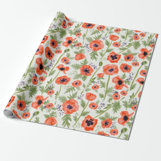 Elegant Oranje Waterverf Poppy Floral Pattern Cadeaupapier (Uitgerold)