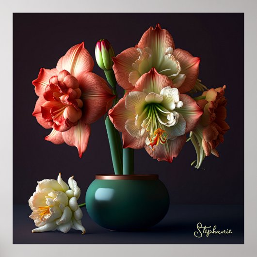 Elegant Oranje White Amaryllis Flower Poster (Voorkant)