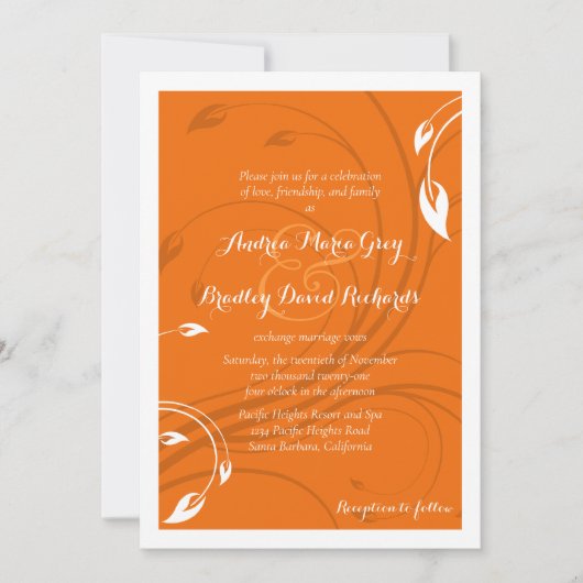 Elegant Oranje White Floral Wedding Invitation Kaart (Voorkant)