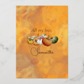 Elegant Oranje White Green Pumpkins Gold Script Folie Feestdagenkaart (Achterkant)