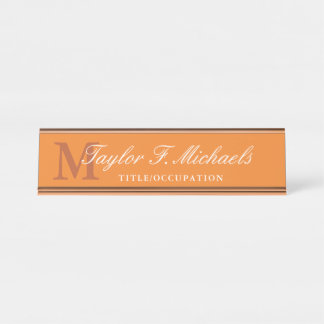 Elegant Oranje wit monogram & naam Bureau Naambordje