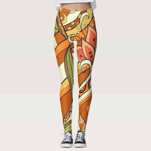 Elegant Oranje witte bloemen en zwijn Leggings (Voorkant)