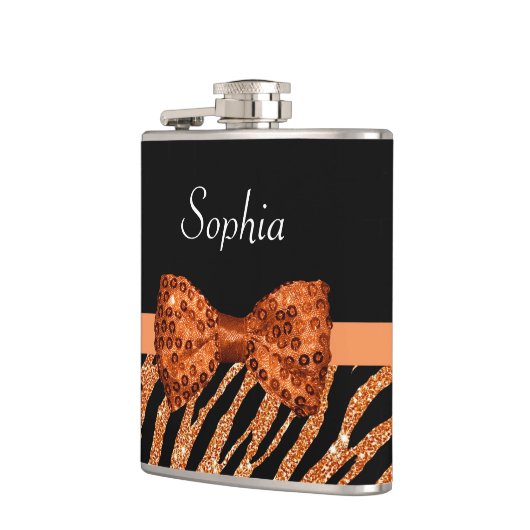 Elegant Oranje Zebra Print FAUX Glitz Bow and Name Heupfles (Links)