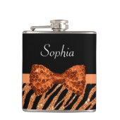 Elegant Oranje Zebra Print FAUX Glitz Bow and Name Heupfles (Voorkant)