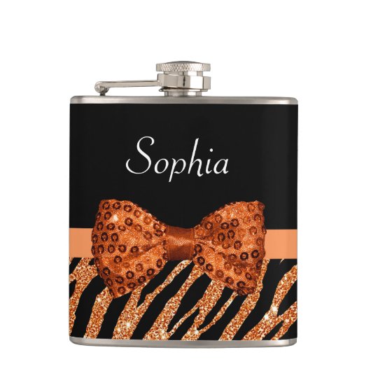 Elegant Oranje Zebra Print FAUX Glitz Bow and Name Heupfles (Voorkant)