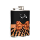 Elegant Oranje Zebra Print FAUX Glitz Bow and Name Heupfles (Rechts)