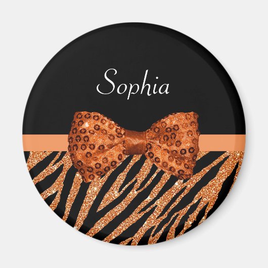 Elegant Oranje Zebra Print FAUX Glitz Bow and Name Magneet (Voorkant)