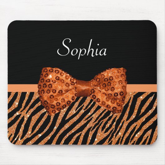 Elegant Oranje Zebra Print FAUX Glitz Bow and Name Muismat (Voorkant)