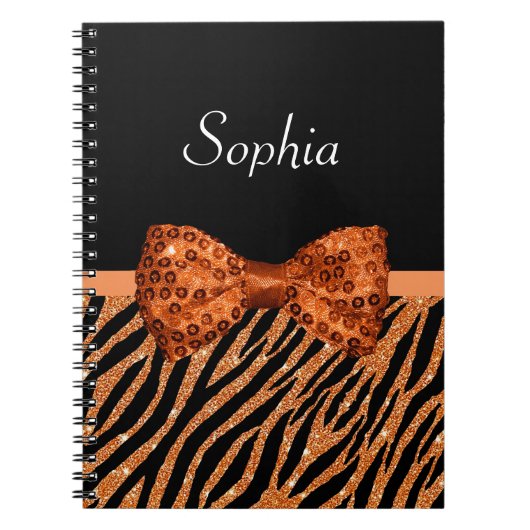 Elegant Oranje Zebra Print FAUX Glitz Bow and Name Notitieboek (Voorkant)