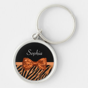 Elegant Oranje Zebra Print FAUX Glitz Bow and Name Sleutelhanger