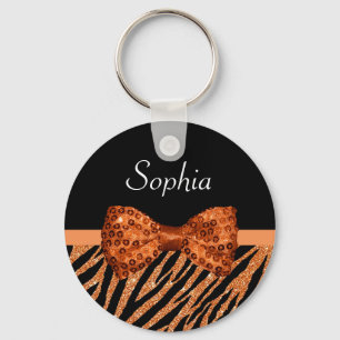 Elegant Oranje Zebra Print FAUX Glitz Bow and Name Sleutelhanger