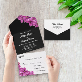 Elegant Orchid Flower Black Summer Floral Wedding All In One Uitnodiging