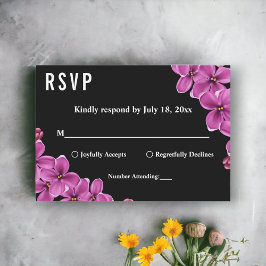 Elegant Orchid Flower Black Summer Floral Wedding RSVP Kaartje