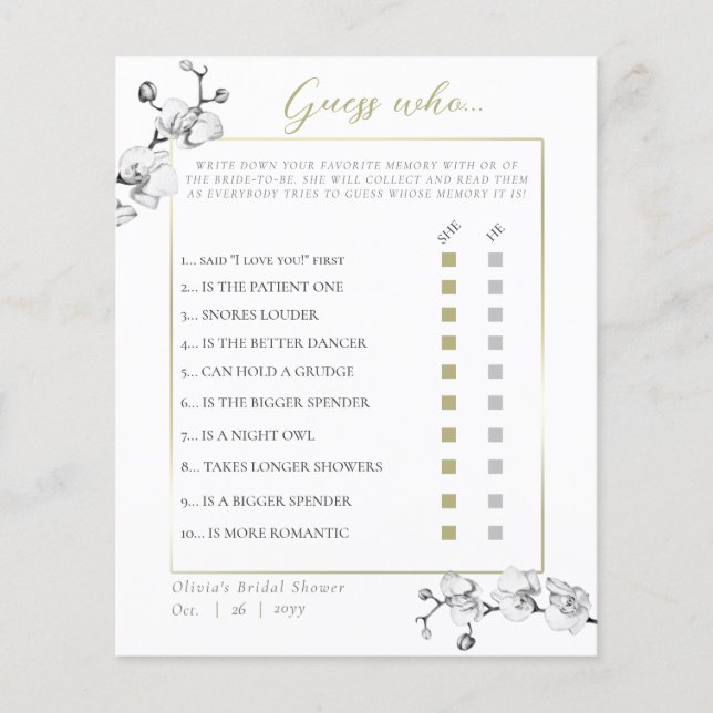 Elegant Orchid Lijst Vrijgezellenfeest Raad eens w (Voorkant)